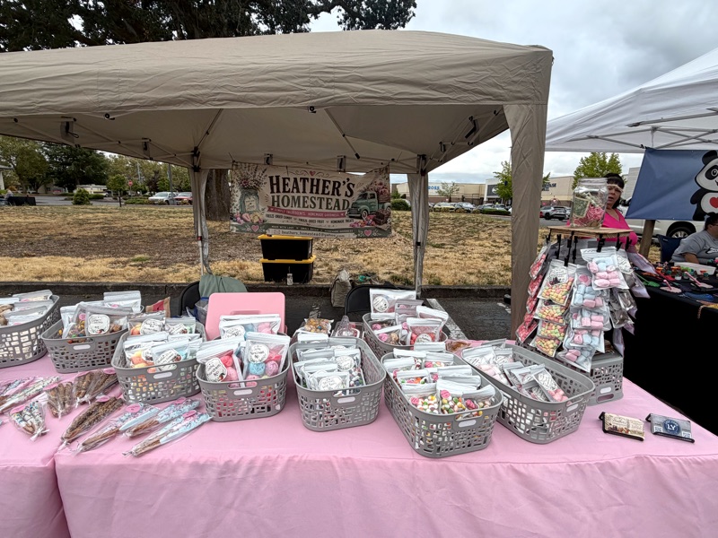 Baskets of packaged colourful candy and treats on Heather’s pink market table